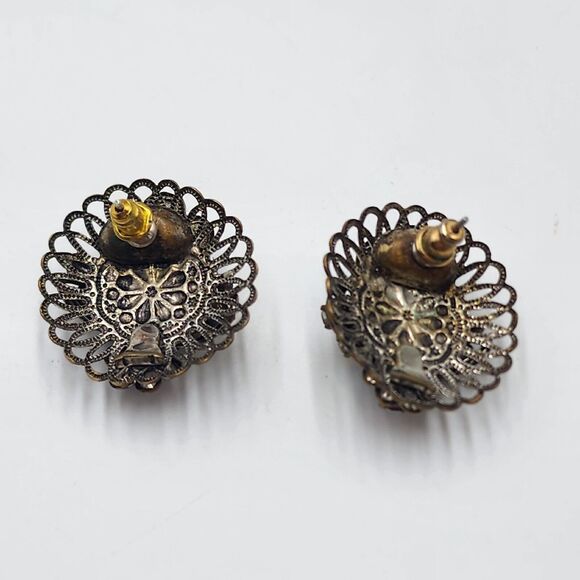 Vintage Ornate Rhinestone Flower Pierced Post Earrings Purple AB Cluster Pretty - Picture 4 of 5